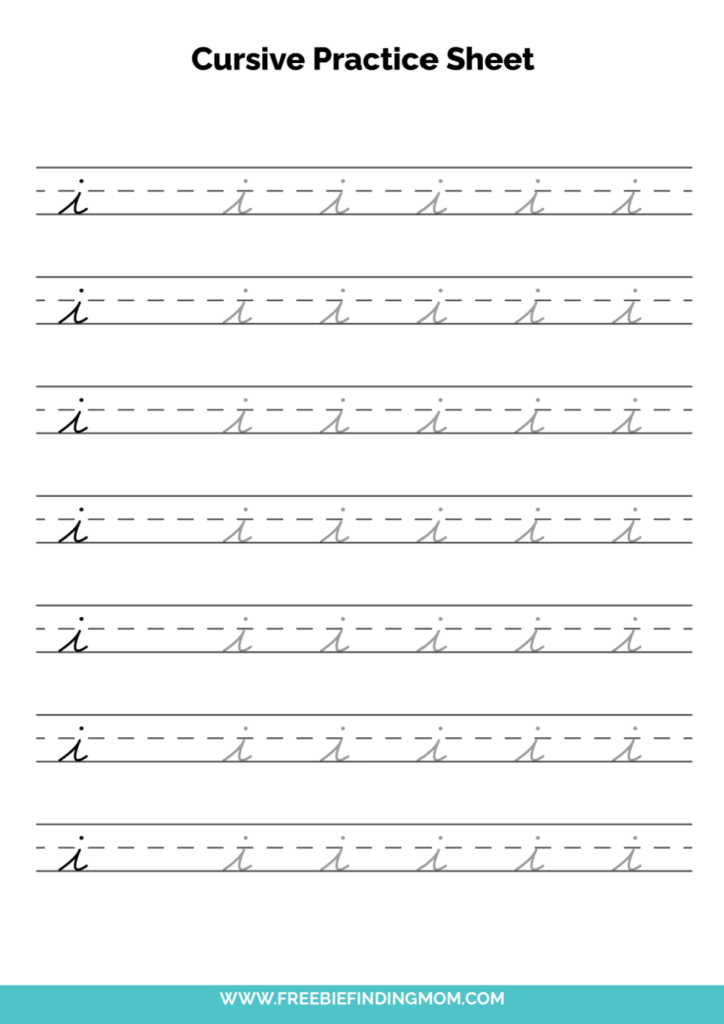 Cursive practice sheet with repeated lowercase i rows