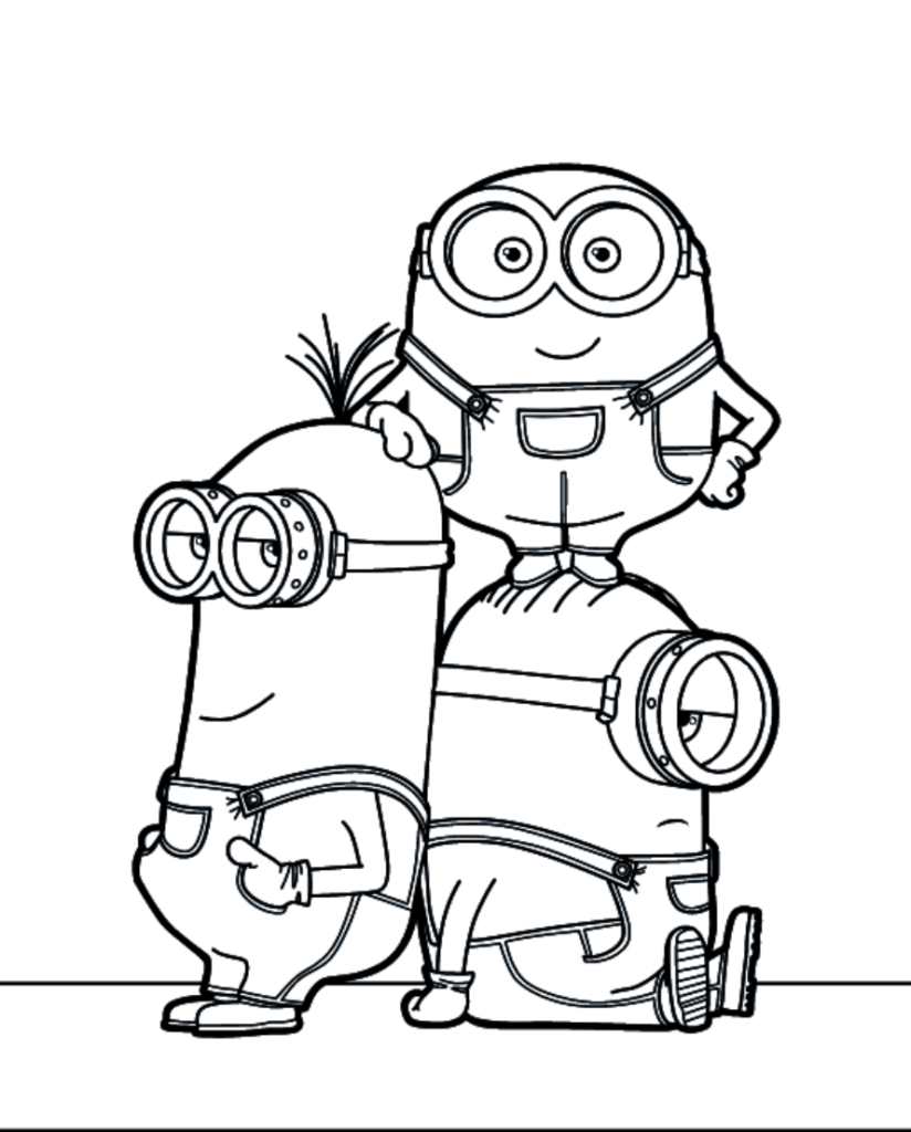 Three cartoon minions posing together on white background