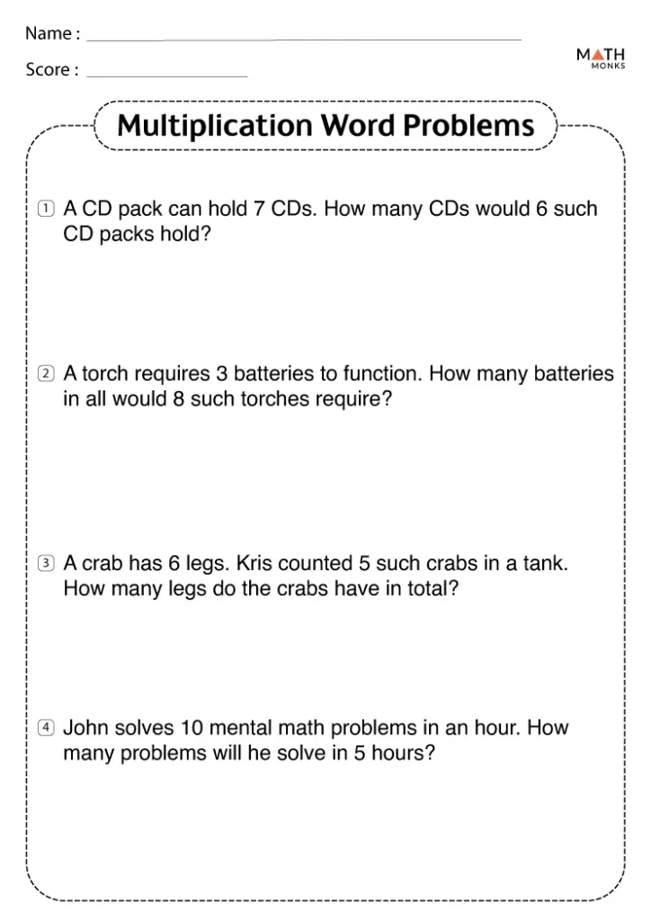Math worksheet with multiplication word problems
