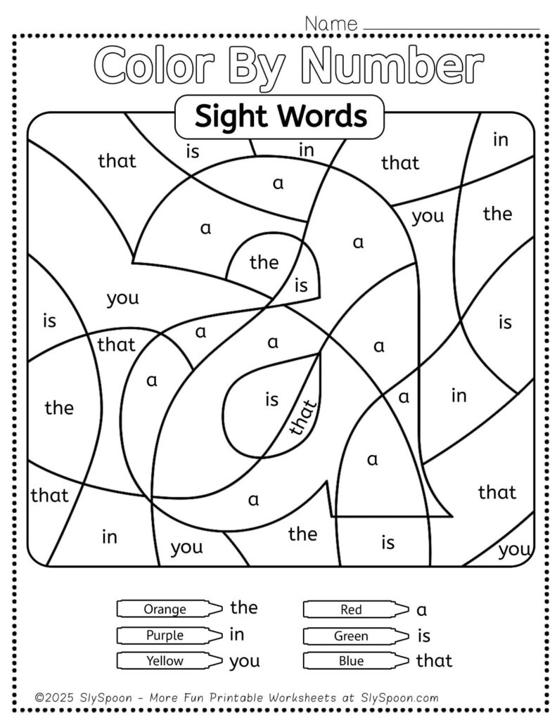 Color by number sight words worksheet with color key and shapes