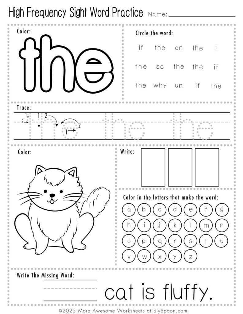 Sight word worksheet with the word “the” and a cat drawing