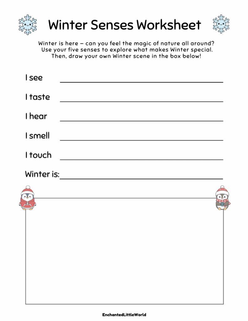 Winter senses worksheet with lines and penguins