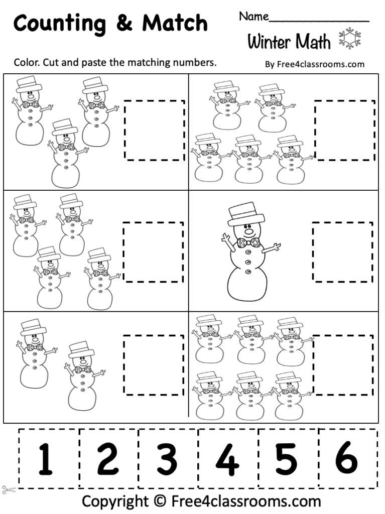 Winter counting worksheet with snowmen and numbers