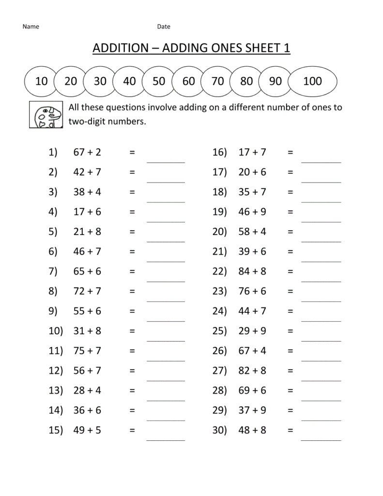 Addition worksheet with numbered equations and blank lines