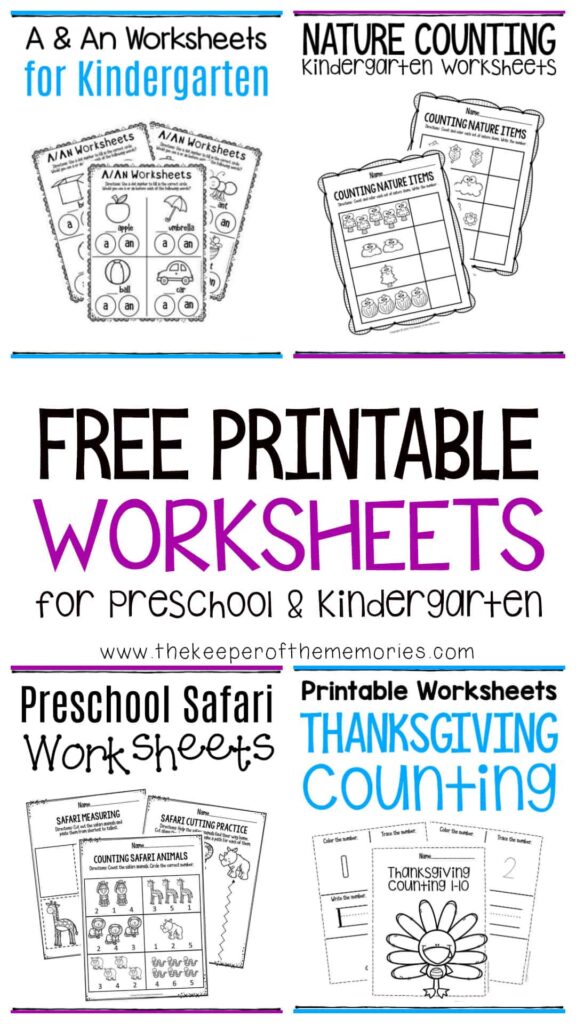 Collage of colorful kindergarten worksheet advertisements and previews