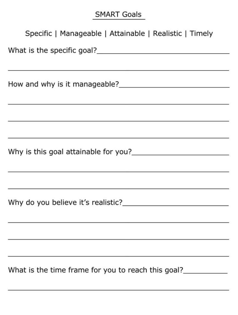 SMART Goals worksheet with fill-in lines and prompts
