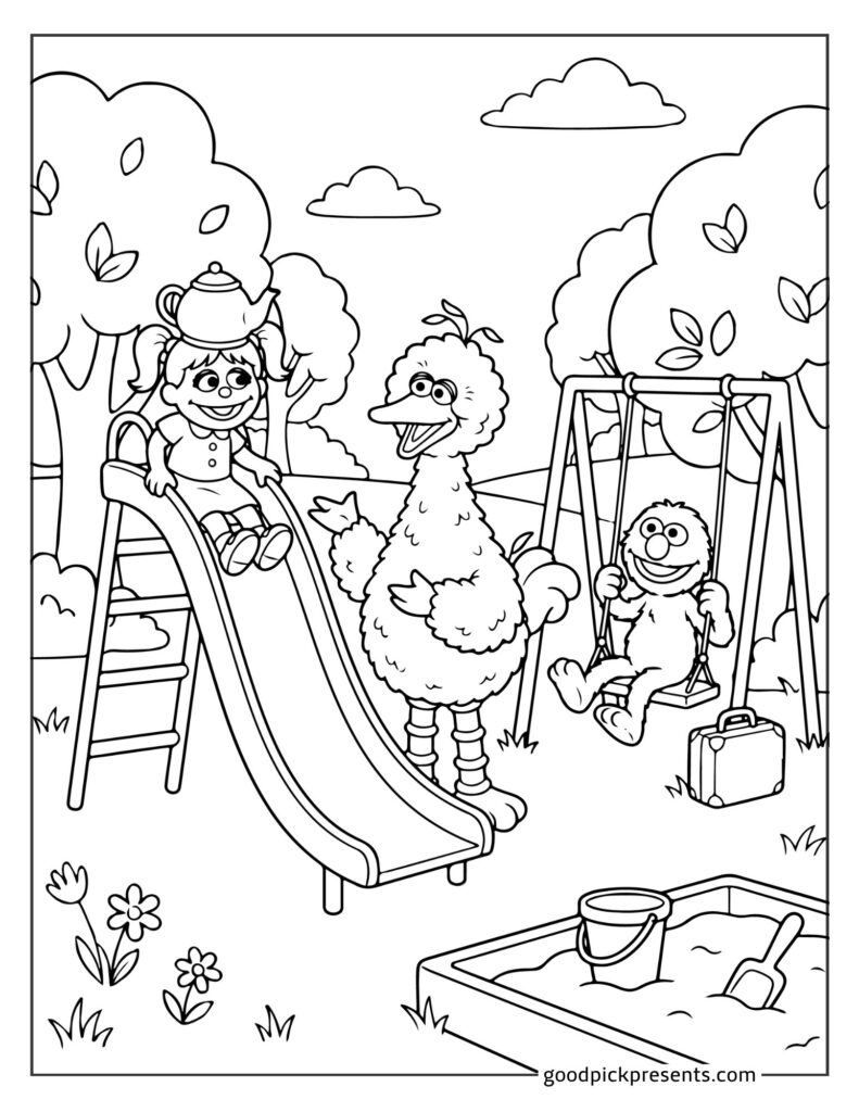 Black-and-white cartoon of children, birds, and playground