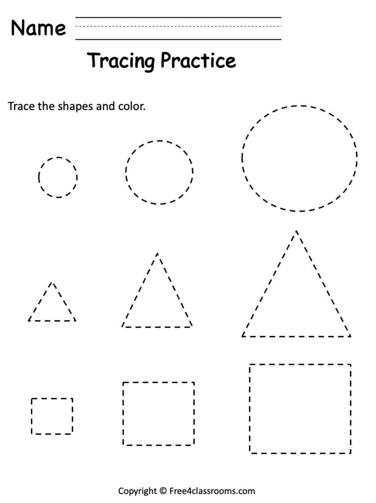 Tracing worksheet with dashed circles, triangles, and squares