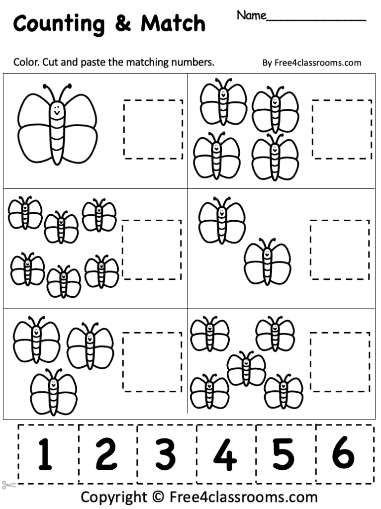 Butterfly counting worksheet with numbered boxes and cutouts
