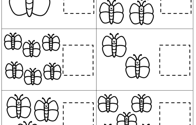 Butterfly counting worksheet with numbered boxes and cutouts