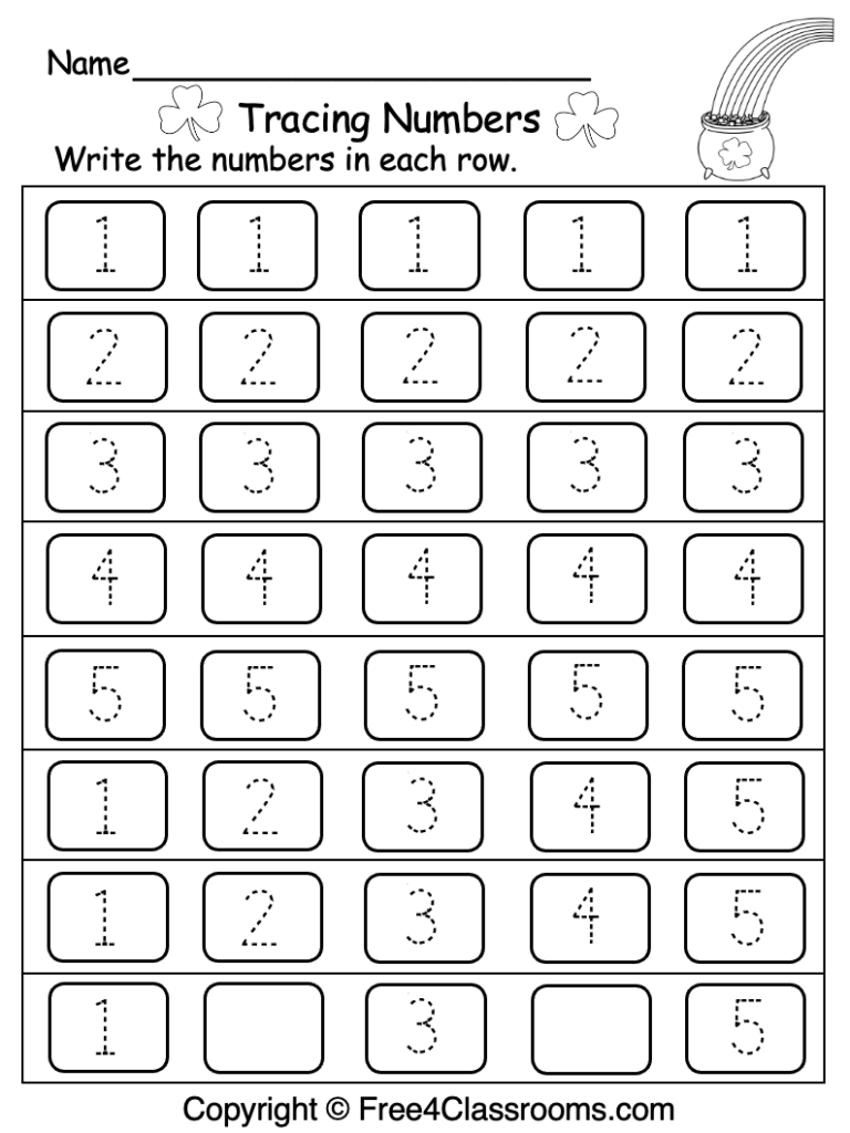 Number tracing worksheet with rows of 1 to 5 boxes