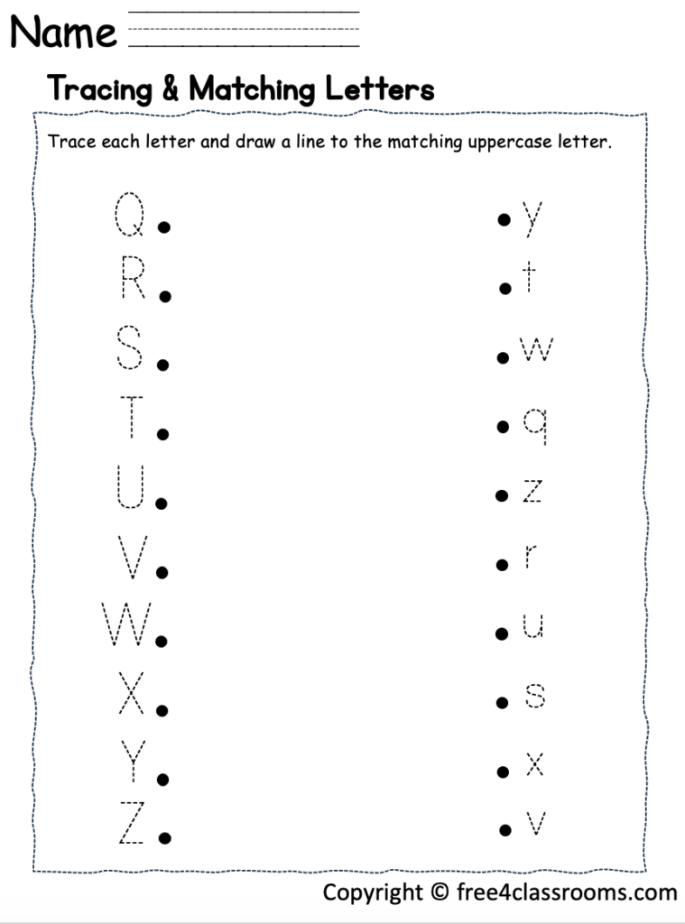 Alphabet tracing and matching worksheet with dotted letters