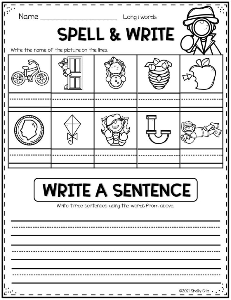 Black-and-white spelling worksheet with picture boxes and lines