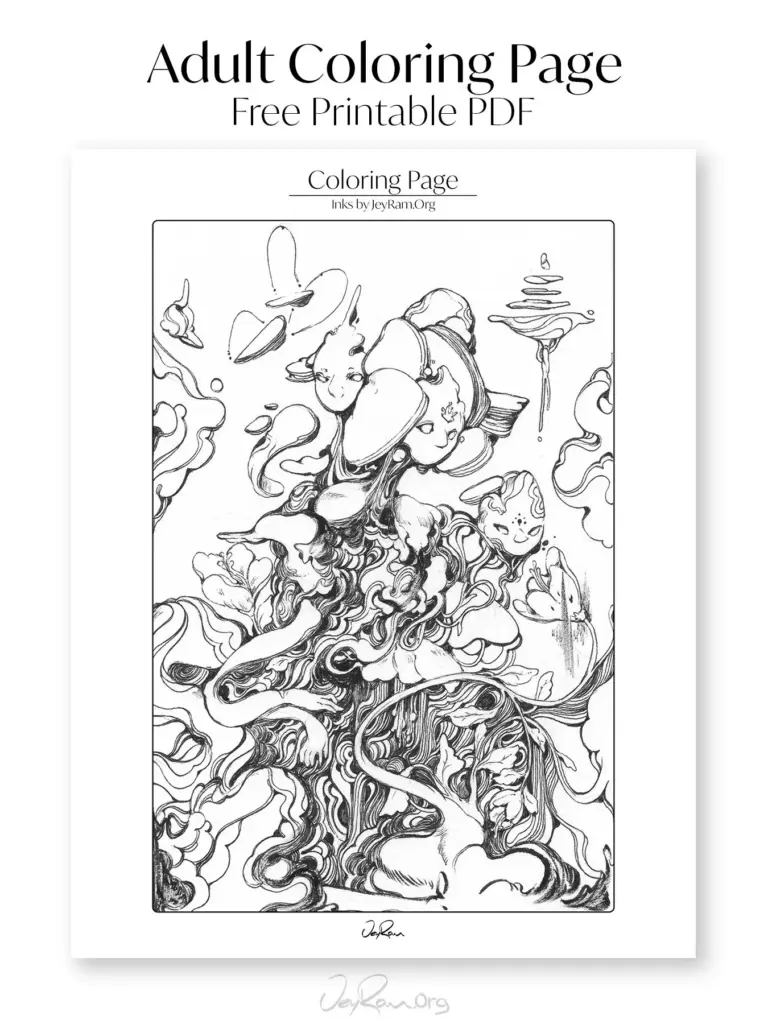 Adult coloring page with abstract black-and-white line art