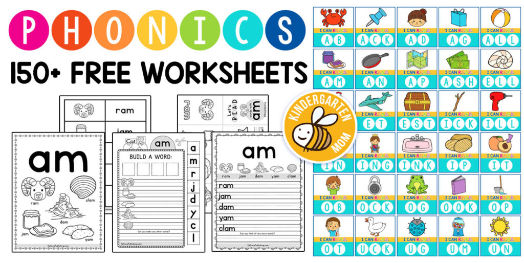 Phonics worksheets with colorful letters and alphabet grid