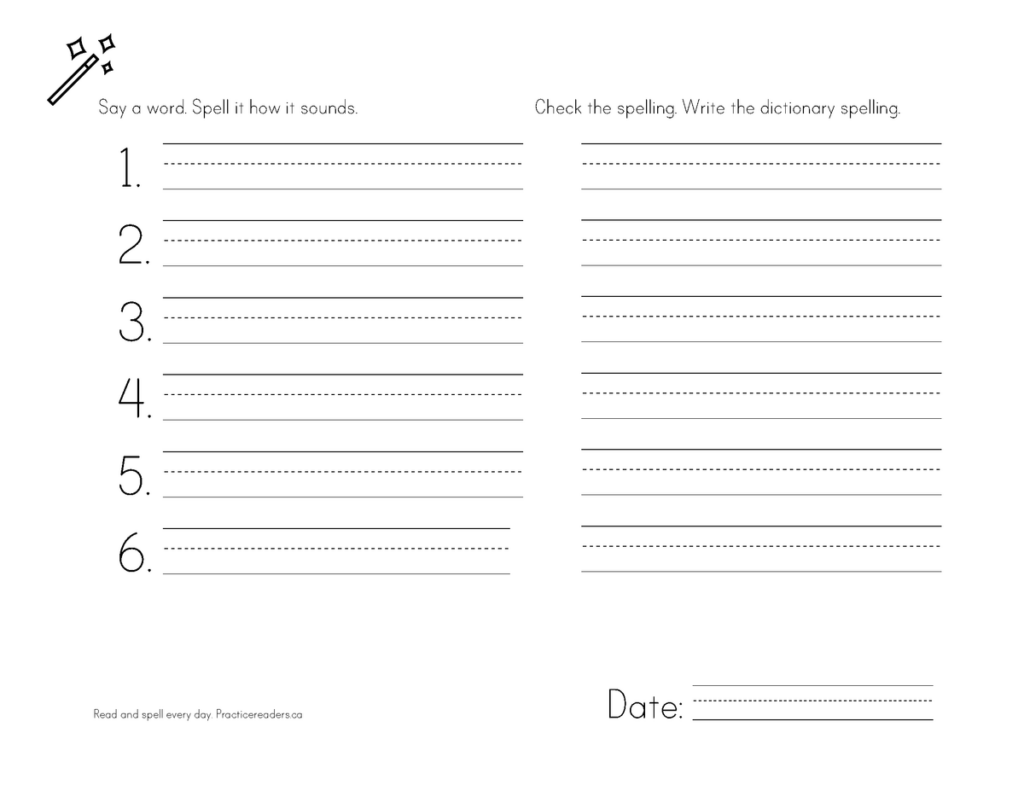 Blank spelling worksheet with numbered writing lines and date field
