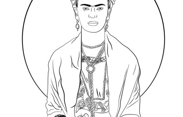 Frida Kahlo line drawing with floral headpiece, seated portrait