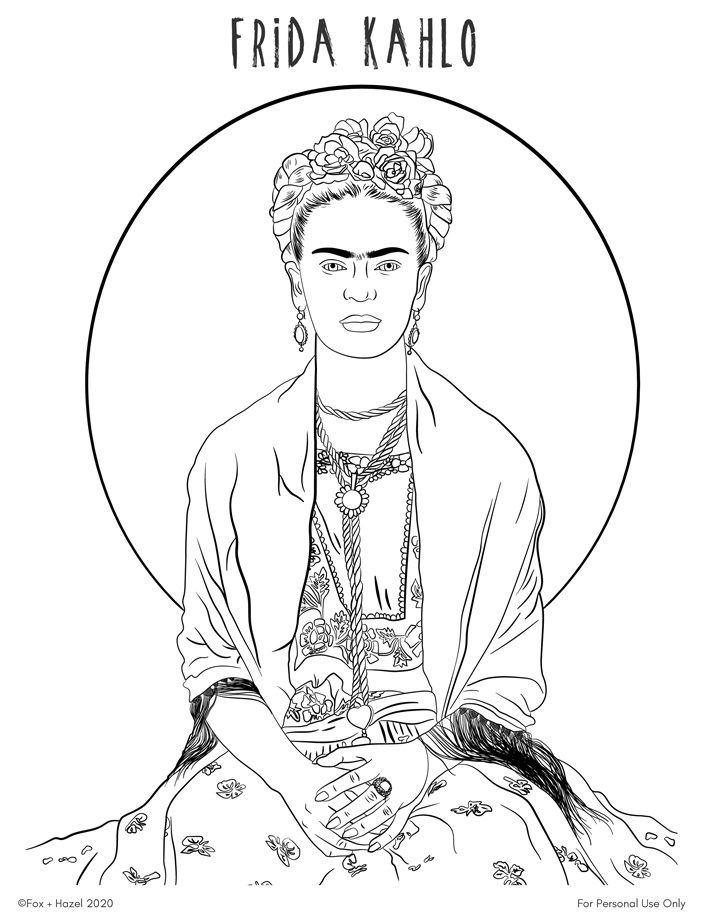 Frida Kahlo line drawing with floral headpiece, seated portrait