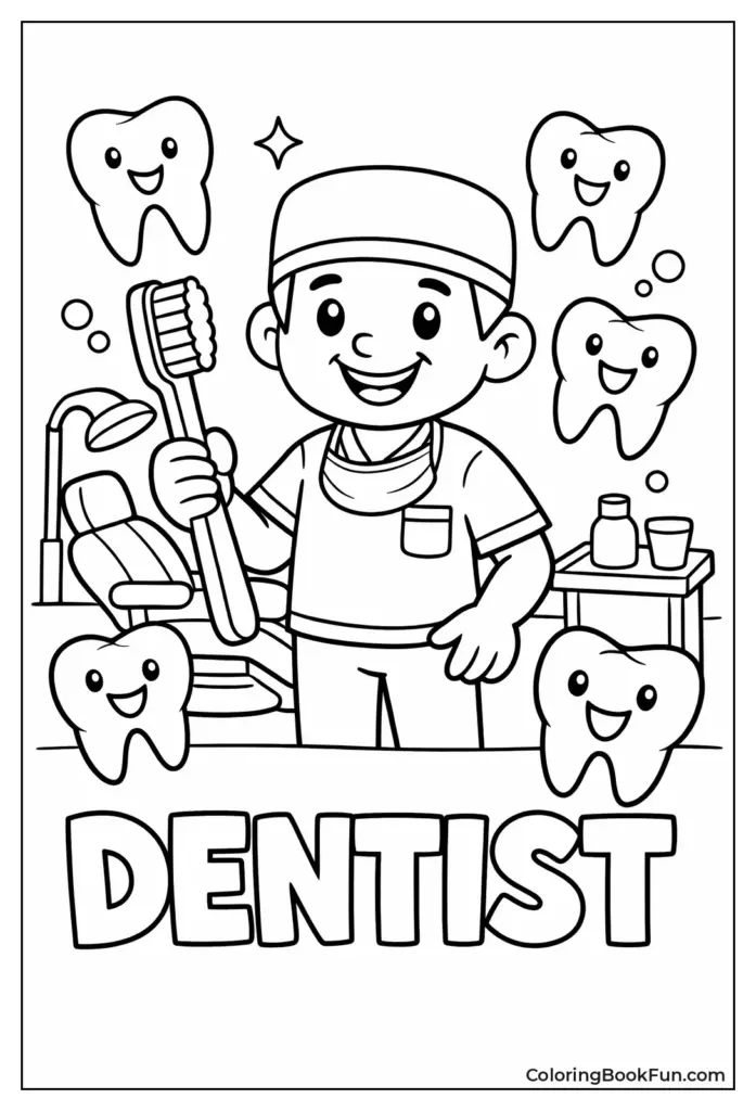 Cartoon dentist holding toothbrush with smiling teeth