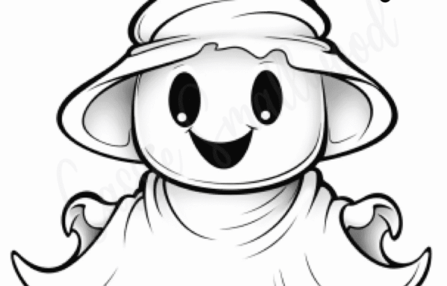 Cute ghost wearing a floppy witch hat saying Boo!