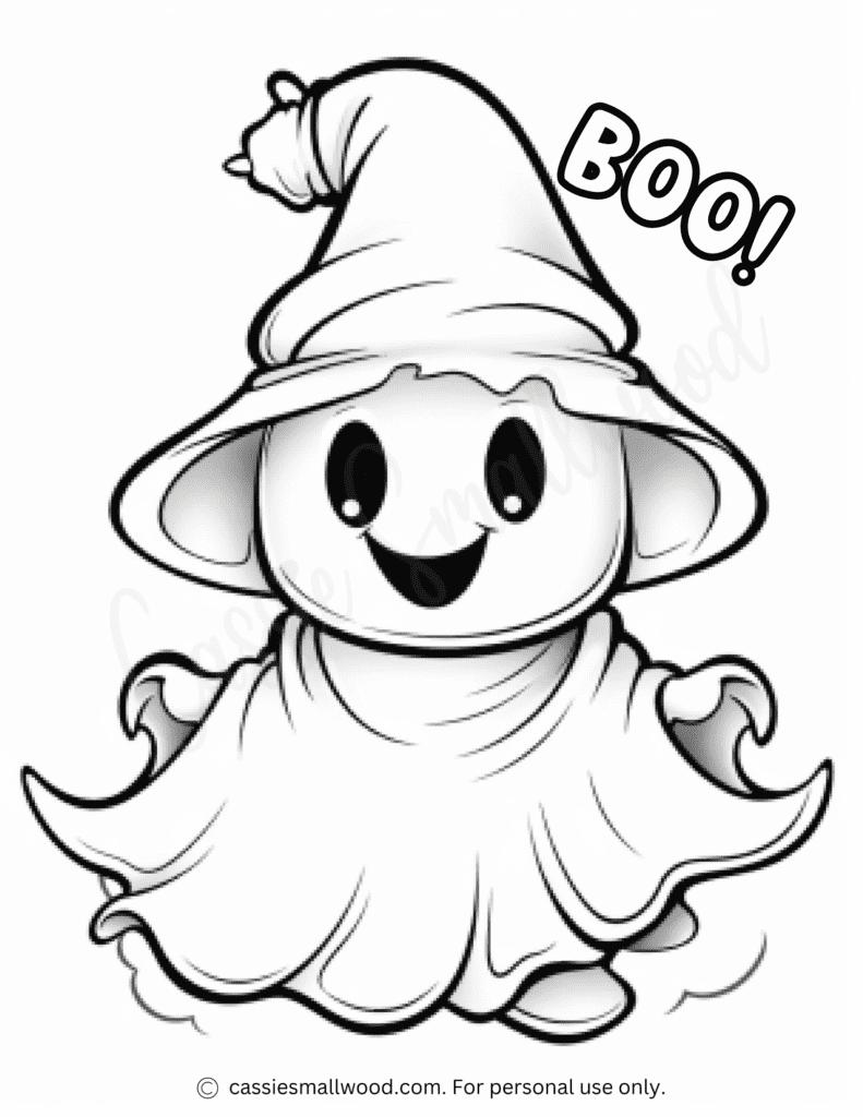Cute ghost wearing a floppy witch hat saying Boo!