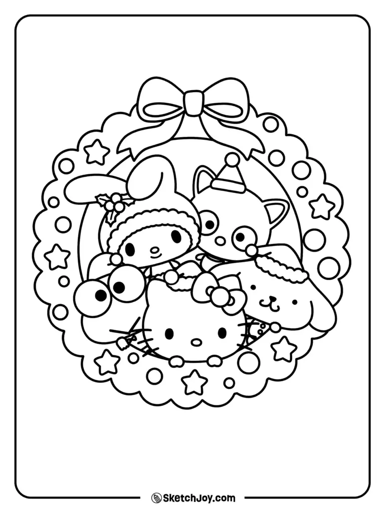 Cute cartoon animal wreath coloring page with bow and stars