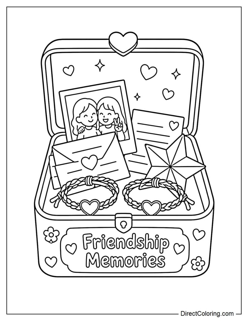 Coloring page of friendship memories treasure chest