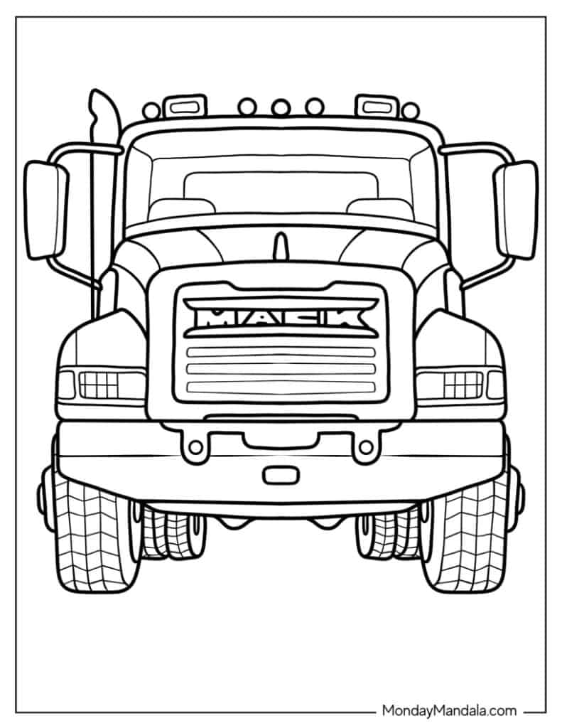 Front view of a Mack truck coloring page