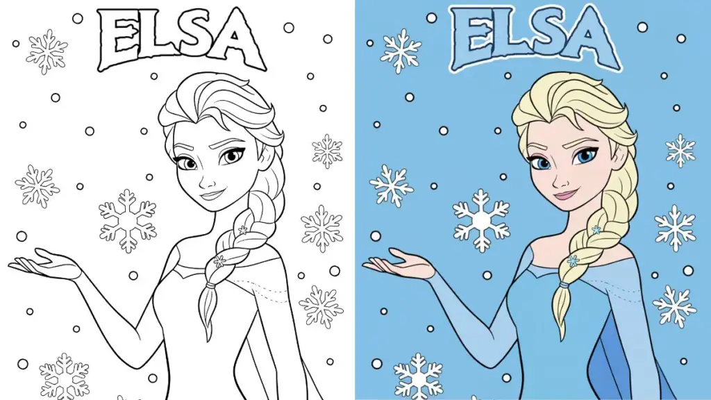 Elsa coloring page shown in black and white and color