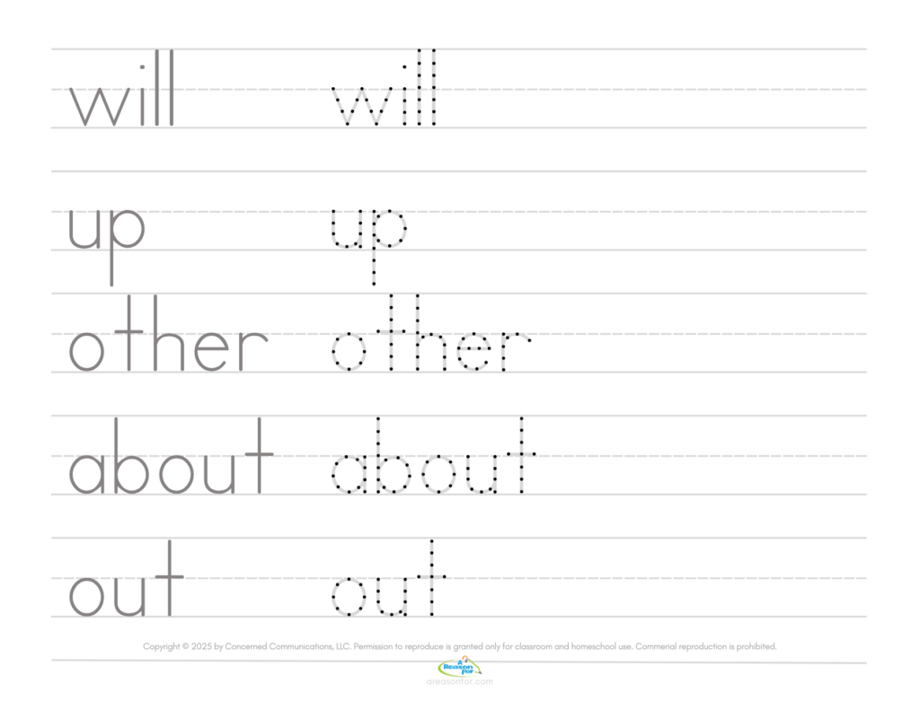 Handwriting worksheet with dotted words and tracing lines