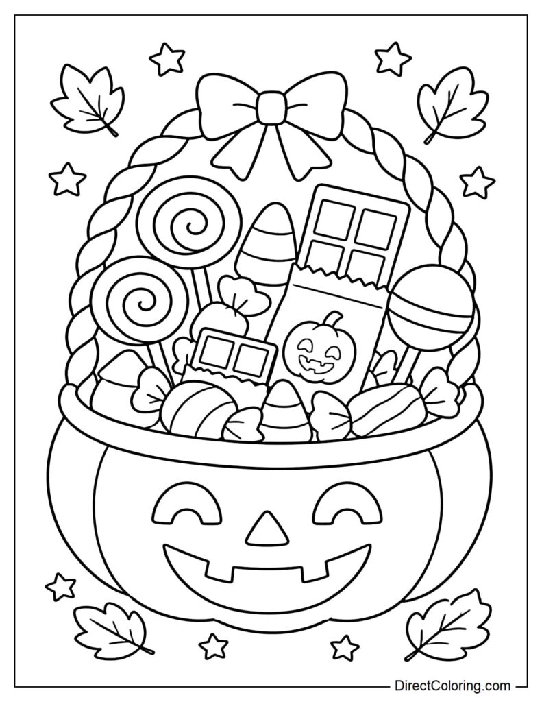 Halloween candy in smiling pumpkin bucket illustration