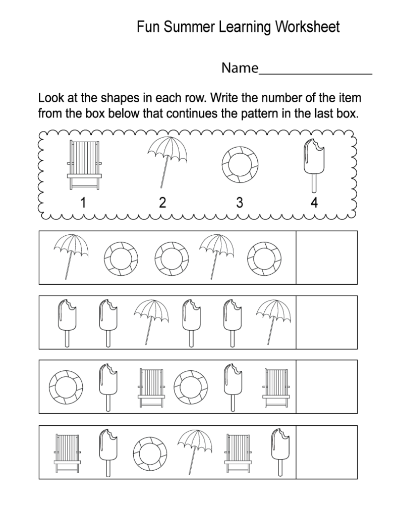 Summer learning worksheet with shape pattern rows