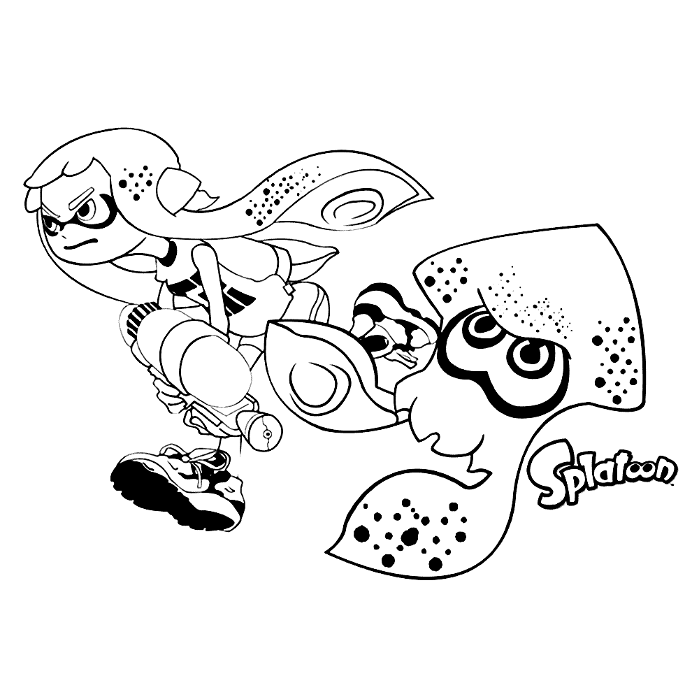 Inkling character with squid, black-and-white line art