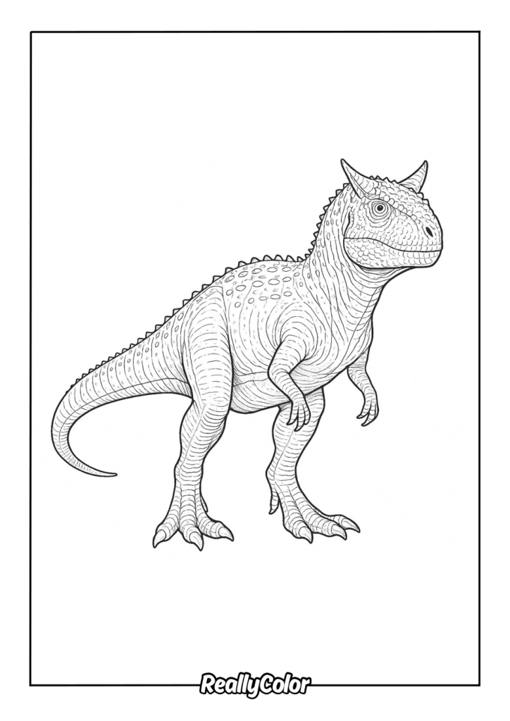 Black-and-white dinosaur coloring page with horned dinosaur