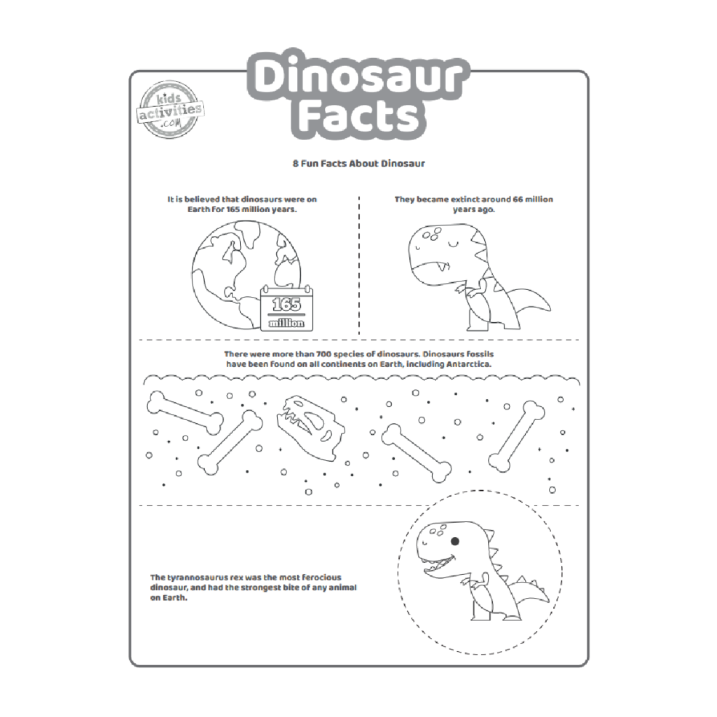 Dinosaur facts worksheet with cartoon drawings and text