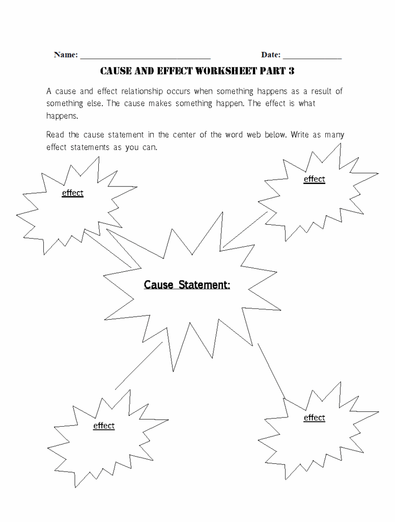 Cause and effect worksheet with starburst boxes and lines