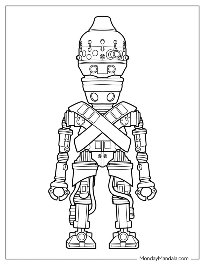 Black line drawing of a humanoid robot on white page