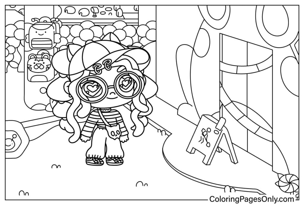 Cartoon girl with glasses in a candy shop
