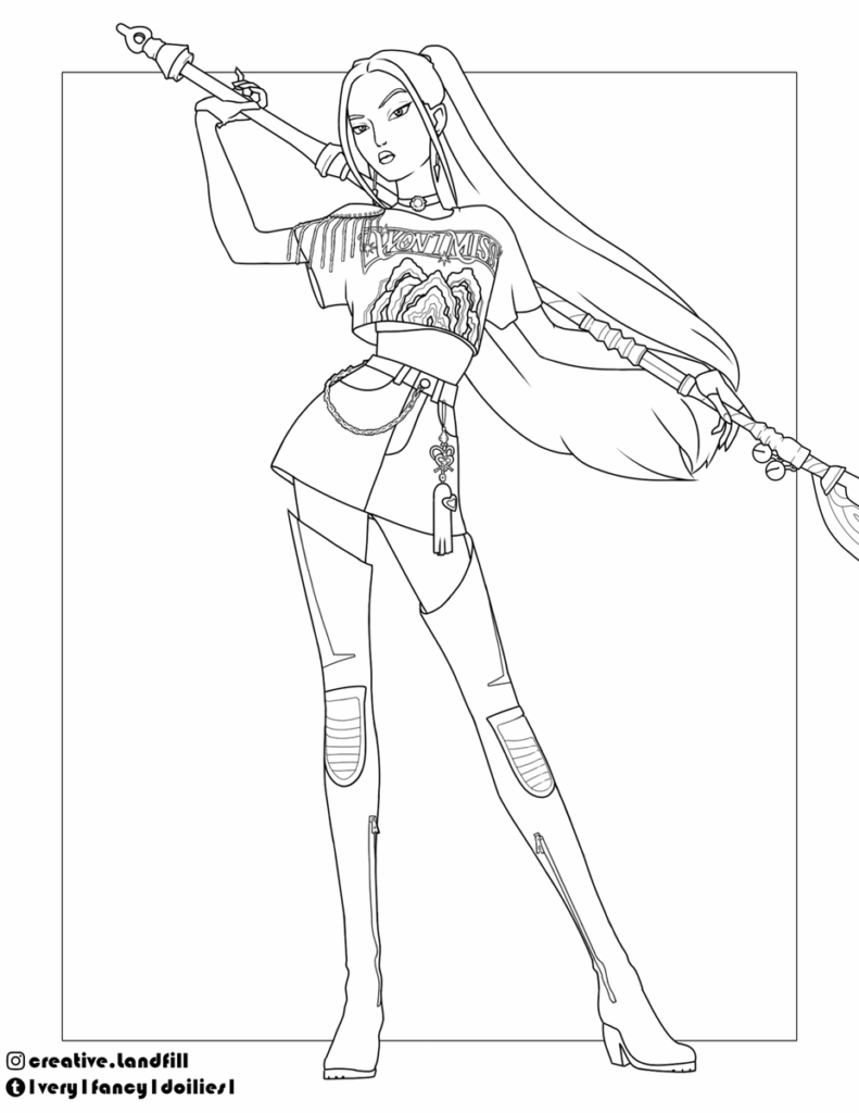 Line art of a woman holding a staff