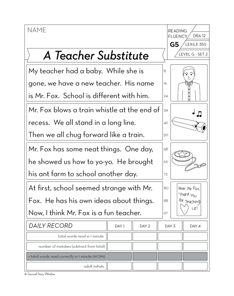 Reading fluency worksheet titled A Teacher Substitute