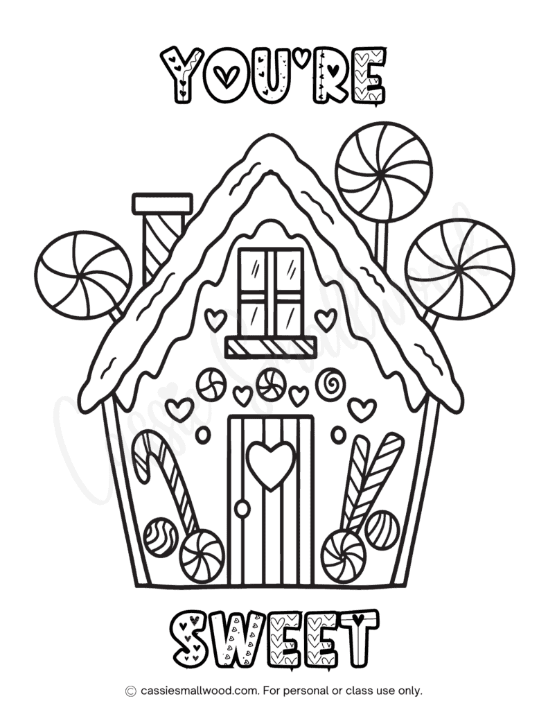 Gingerbread house coloring page with candy and hearts