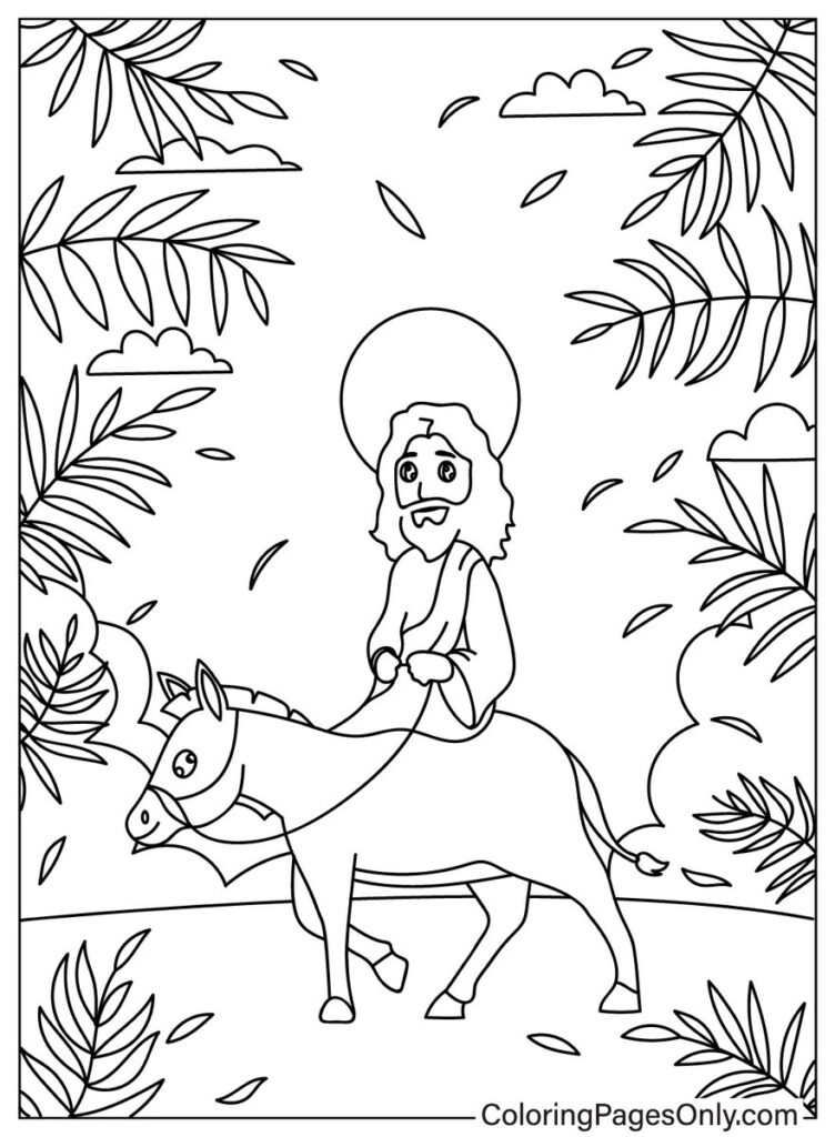 Line drawing of Jesus riding a donkey, palm branches