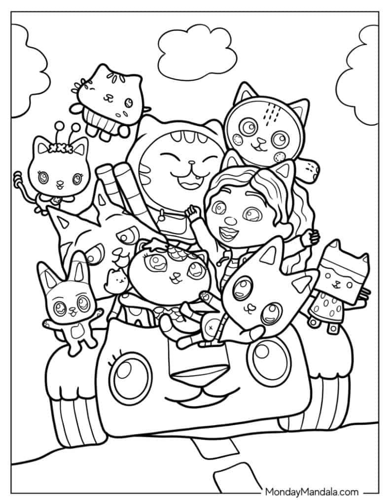 Cartoon cats and girl on giant cat face couch