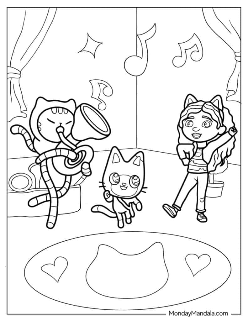 Coloring page of three cartoon cats onstage singing