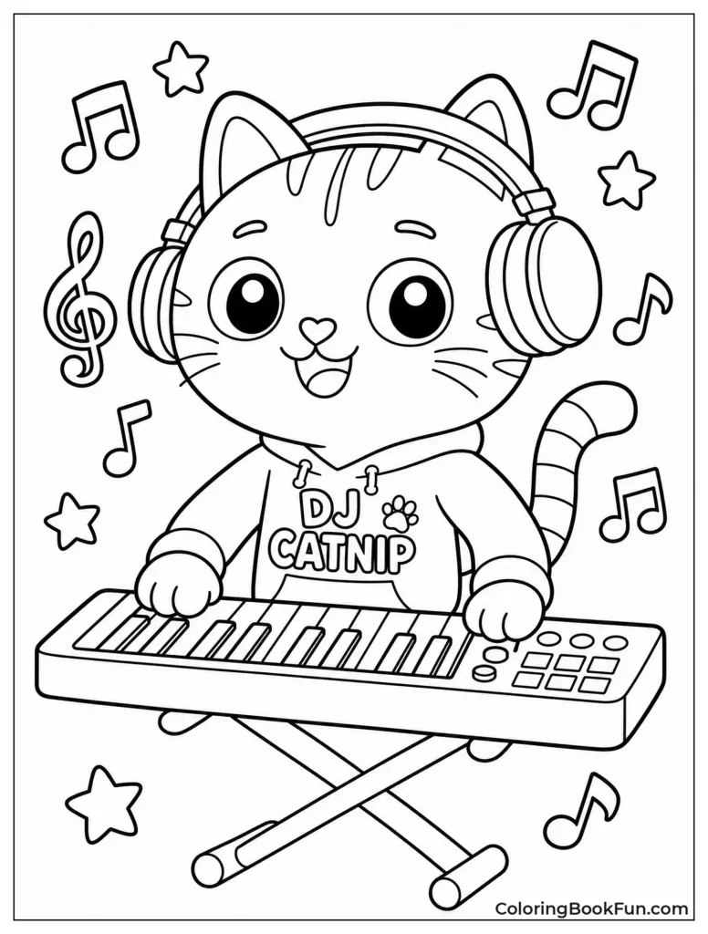 Cute cartoon cat DJ playing keyboard with music notes