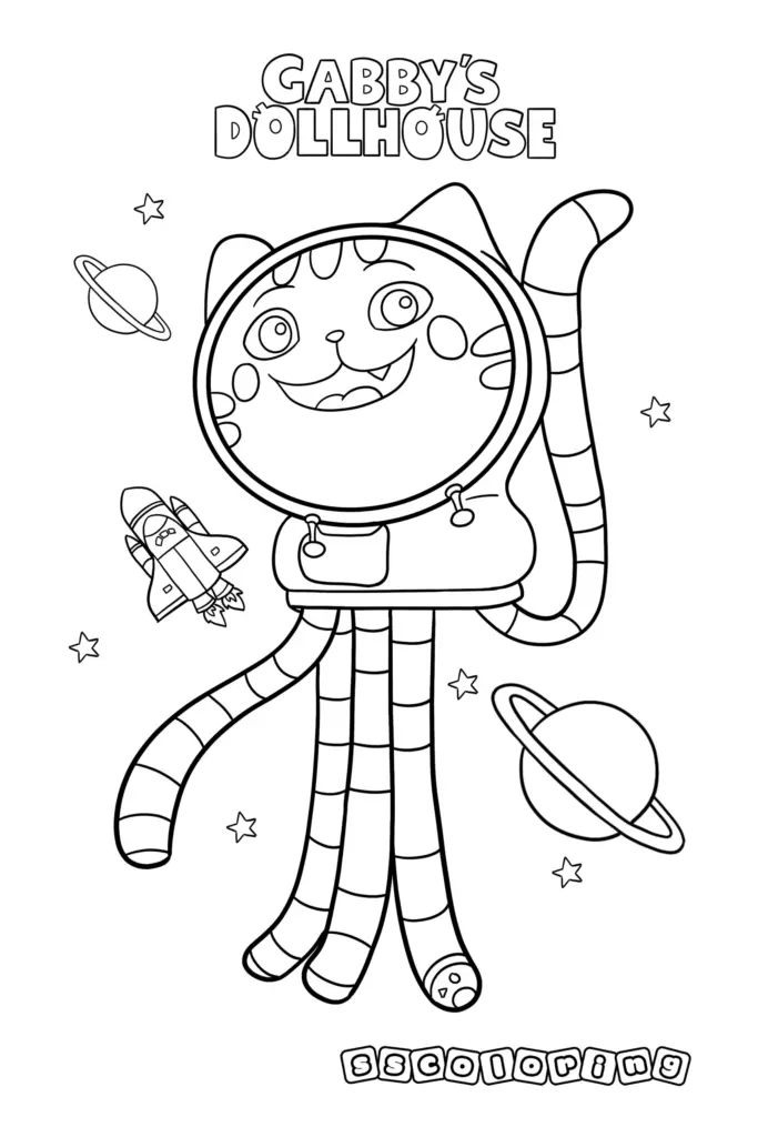 Cat astronaut coloring page with planets and stars