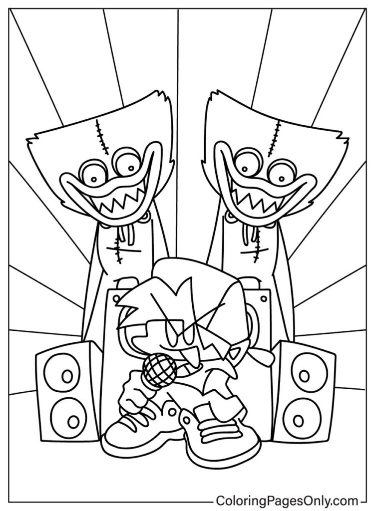 Cartoon boy holding microphone between two monster figures