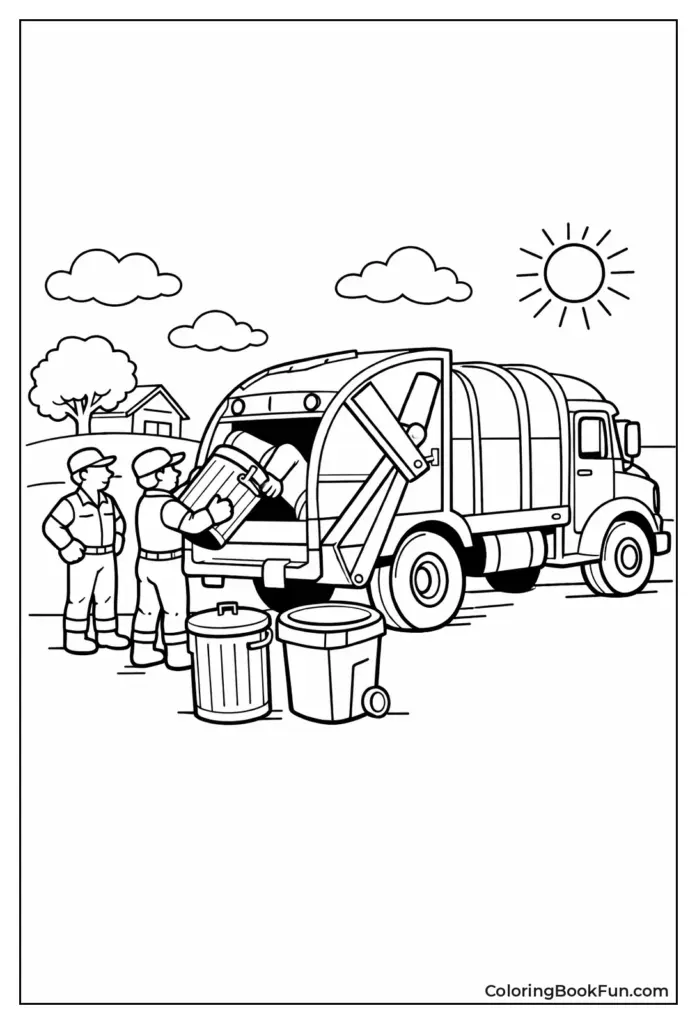 Line drawing of garbage truck with workers and bins