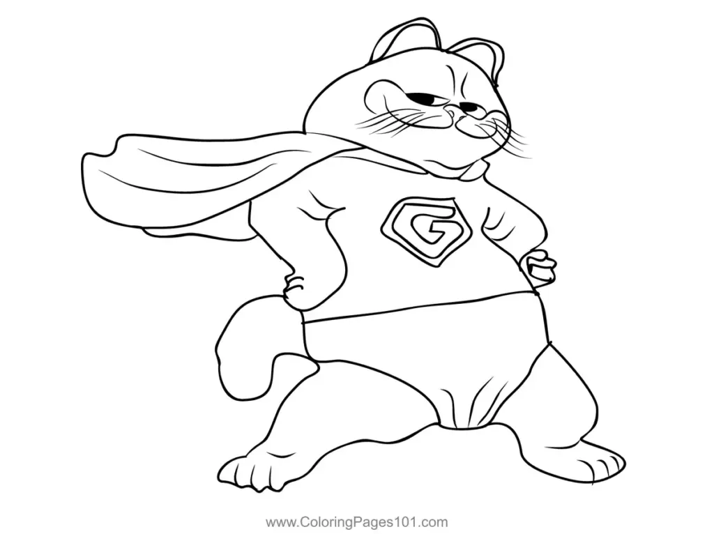 Cartoon cat in cape and superhero shirt line art