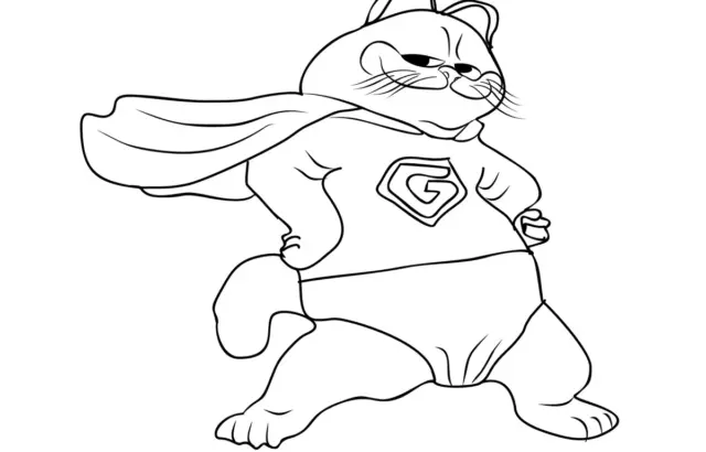 Cartoon cat in cape and superhero shirt line art